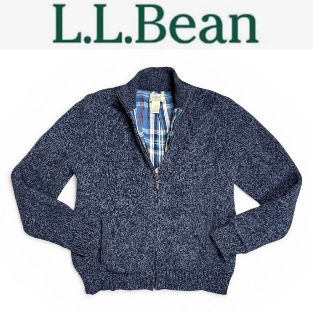 L.L. BEAN CLASSIC LAMBSWOOL SWEATER JACKET PLAID LINED BLUE ZIP CARDIGAN